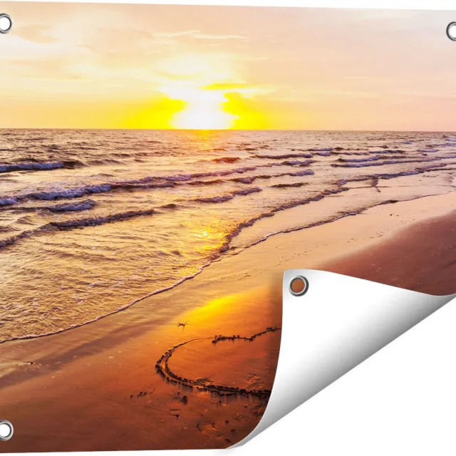 Gards Tuinposter Zonsondergang op het Strand met een Hartje - 50x40 cm - Tuindoek - Tuindecoratie - Wanddecoratie buiten - Tuinschilderij Multikleur