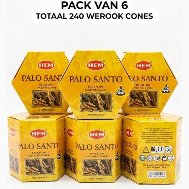 HEM 6 X HEM Palo Santo Backflow Wierookkegels - 40 Stuks - Authentieke Geur - Premium Voor Waterval Wierookhouder - Vegan, Natuurlijke Wierook voor Ontspanning en Meditatie Met Kajal Sticker Bruin