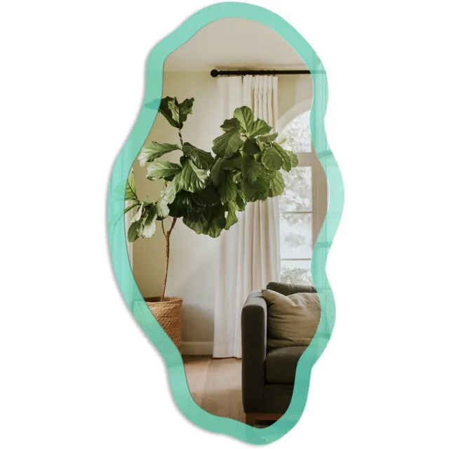 TULUP Sterke Munt Spiegel - Turkoois Elegante Rechthoekige Wandspiegel - Organische Spiegel - Kantoor, Woonkamer - Minimalistisch - 45x90 cm - Totale afmeting 52x97 cm Sterke Munt, Turkoois