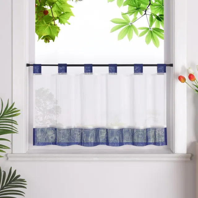 Ibenzoa Vitrage met Lussen in Linnenlook voor Landelijke Sfeer, Donkerblauw, 45 x 120 cm
