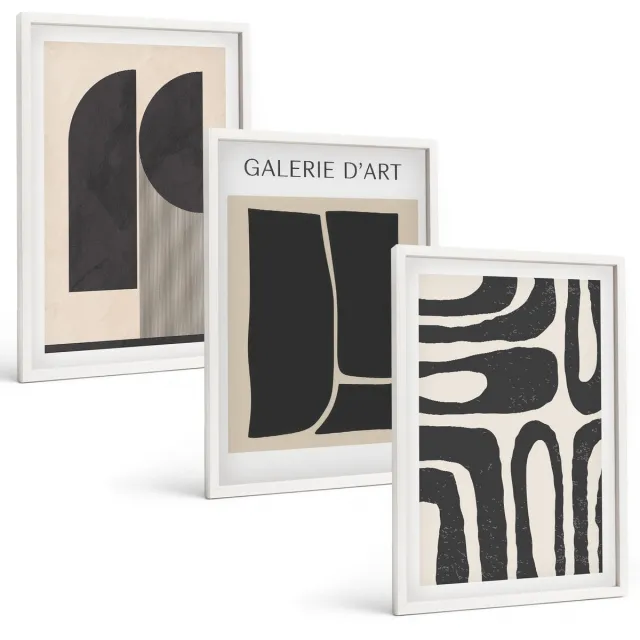 Coloray 3-Delige Schilderij Set - Abstracte Vormen Minimalistische Posters - 40 x 60 - Muurdecoratie - Interieur Decoratie Witte lijst