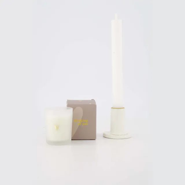 Zusss Set Van Een Kandelaar Keramiek Memories Are Forever En Geurkaars Glas In Doosje Thinking Of You - Keramiek - White / Gold - Ø6x5cm