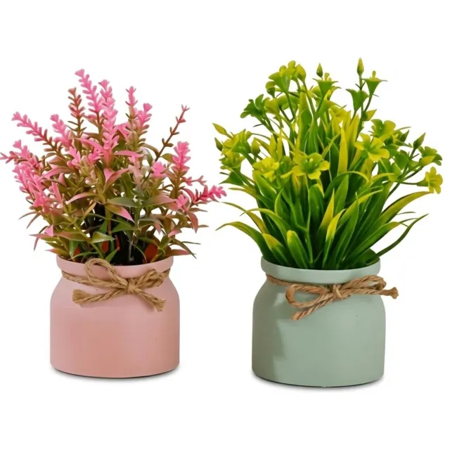 NUVEX Kunstbloemen in kleine potten 2 stuks – kunstplanten voor woonkamer slaapkamer balkon tafel boekenplank – decoratieve nep bloemen in pot – onderhoudsarm zonder water geven