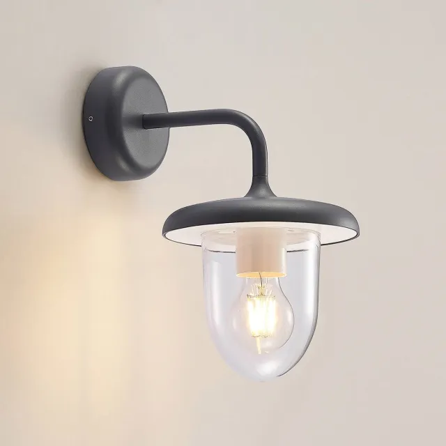 PRIOS Wandlamp buiten - 1licht - Aluminiumspuitgietwerk, kunststof - H: 30.3 cm - E27 - donkergrijs, helder