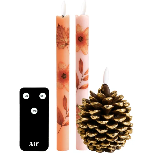 Aifcandles LED Dinerkaarsen met Bloemenprint + Dennenappel - Cadeauset - Incl. Afstandsbediening - Aifcandles