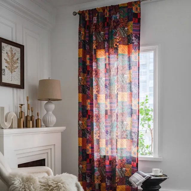 Floraweg Boho-gordijnen in patchworkstijl met bloemenmotief, geometrische lichtfilterende semi-verduisterende gordijnen, kleurrijk,roedezakken,140x220cm