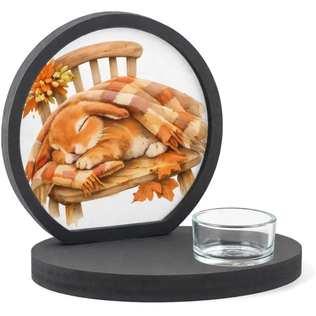 Mr Cadeautjes MDF inleg theelichthouder ~8 cm - design Een uitgestrekte konijnendut onder een plaid op een houten s | cadeau Wit