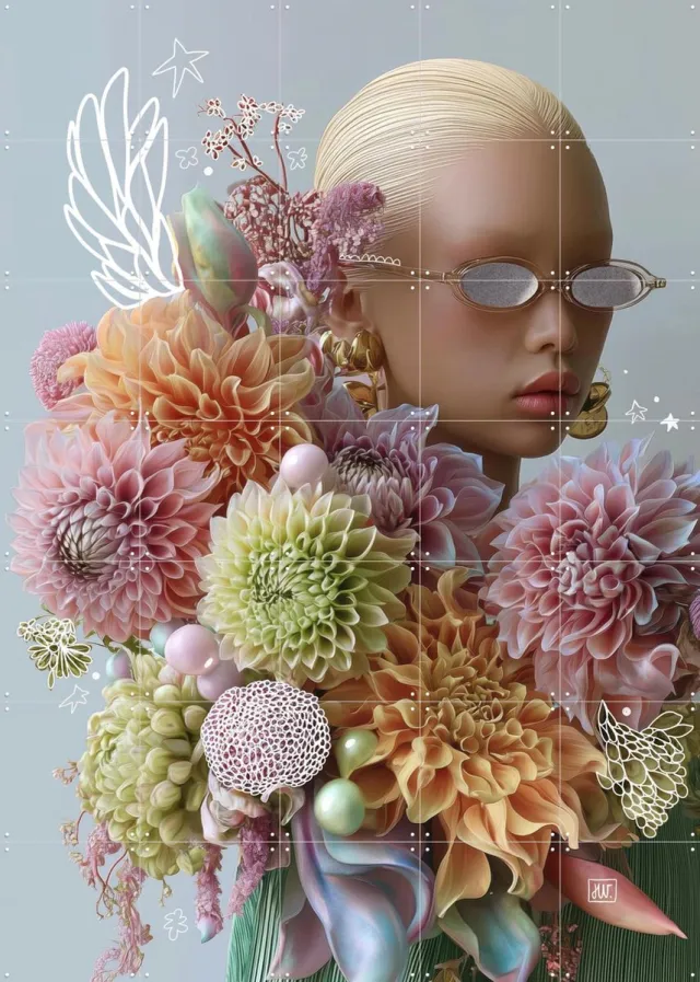 IXXI Floral Electric, Henriette Visscher - 100 x 140 cm - Grote wanddecoratie en posters - Gemengde Technieken, Slaapkamer, Woonkamer, Bloemen Roze