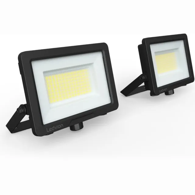 LEDVION 2x Performance LED-schijnwerper buiten, IP66, 50W, 135lm/w, koel wit, 6500K, superhelder, breedstraler, buitenlamp Zwart