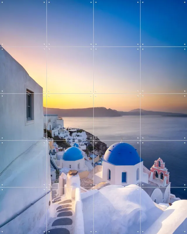 IXXI Sunrise over the blue rooftops in Oia, Santorini, Greece, Jan Becke - 80 x 100 cm - Grote wanddecoratie en posters - Fotografie, Woonkamer, Gang Blauw
