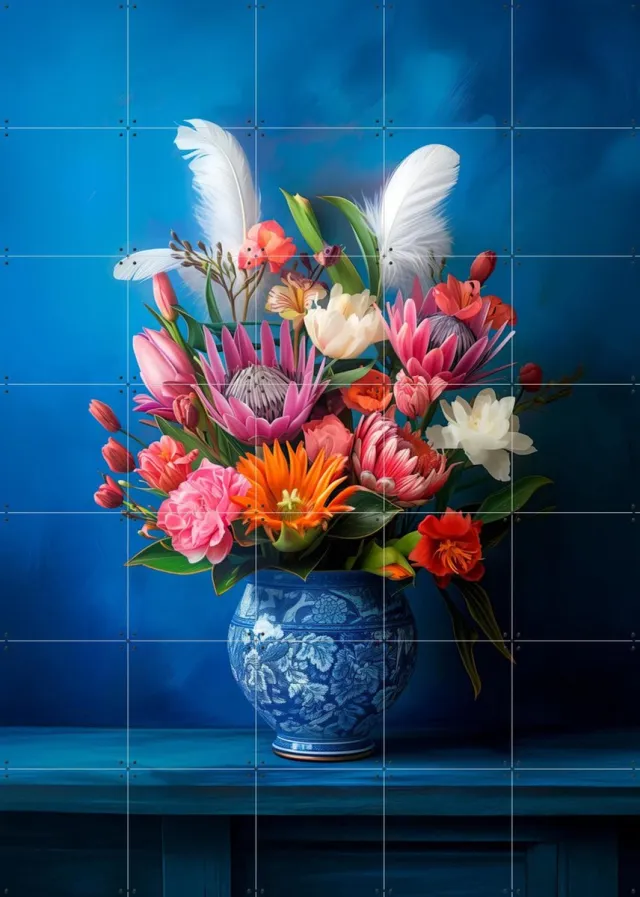 IXXI Delft Blue Floral Still Life with Colorful Flowers and White Feathers, OTTI - 100 x 140 cm - Grote wanddecoratie en posters - Decoratieve Blauw