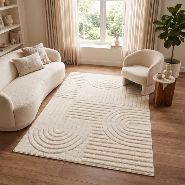 Tapiso Vloerkleed Linea 3D Patchworkpatroon - Ecru - Modern Design - Woonkamer