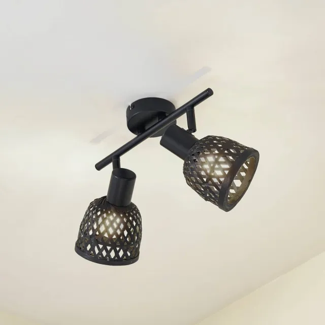 Lindby plafondlamp hout - 2lichts - Bamboe, metaal - H: 20 cm - E14 - zwart