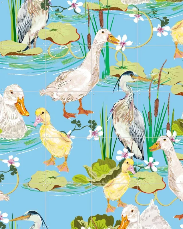 IXXI Peking Ducks Pattern, Marylène Madou - 80 x 100 cm - Grote wanddecoratie en posters - Speels, Babykamer, Vogels, Dieren Blauw