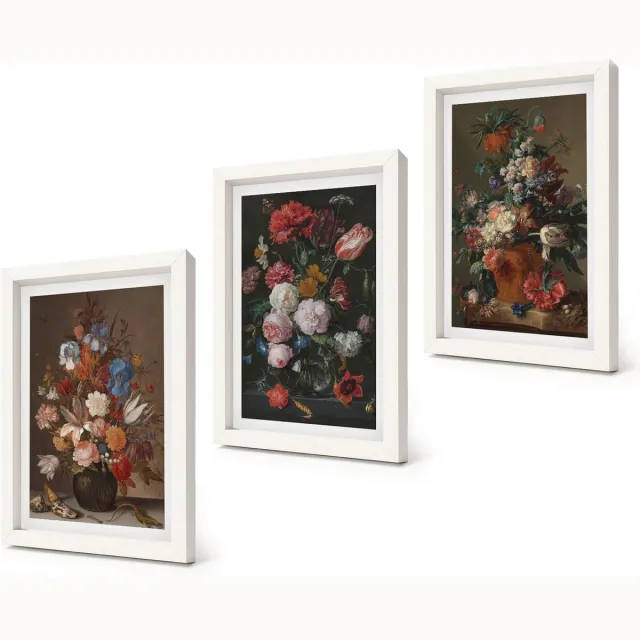 Coloray 3-Delige Schilderij Set - Bloemen in vazen: diverse vintage plantencomposities - 20x30 - Muurdecoratie - Schilderijen Set - Woonkamer - Stijlvolle Muurdecoratie Witte lijst