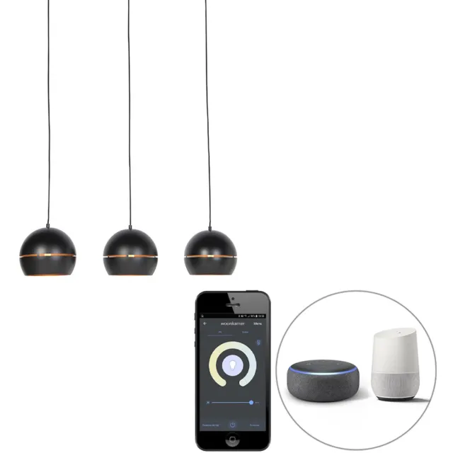 QAZQA buell - Industriele LED Smart Hanglamp incl. wifi voor boven de eettafel | in eetkamer - 3 lichts - L 110 cm - Zwart Goud - Industrieel - Woonkamer | Slaapkamer