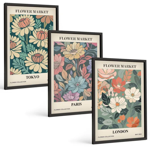 TULUP 4-Delige Schilderij Set - Bloemenposters Tokio Parijs Londen - 40 x 60 cm - Wanddecoratie - Muurdecoratie - Woonkamer - Woonkamer Decoratie Zwarte lijst