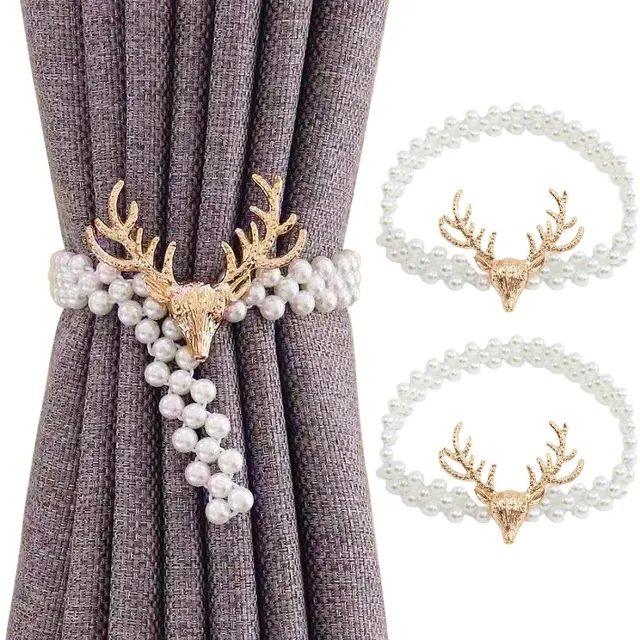 Ibenzoa Gepersonaliseerde Gouden Gordijnhouders met Elegante Decoratieve Elandenkop en Elastisch Touw – 45 cm, Set van 2