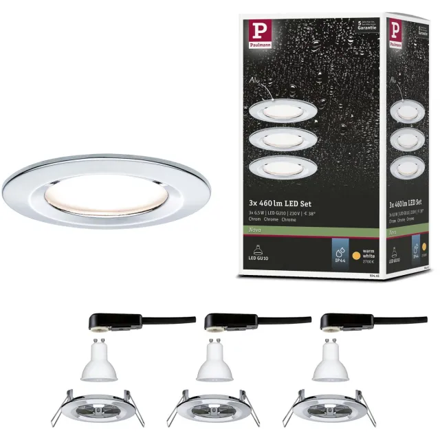 Paulmann LED-inbouwlamp Nova Basisset star IP44 rond 78 mm GU10 3x6,5W 3x460lm 230V 2700K Chroom