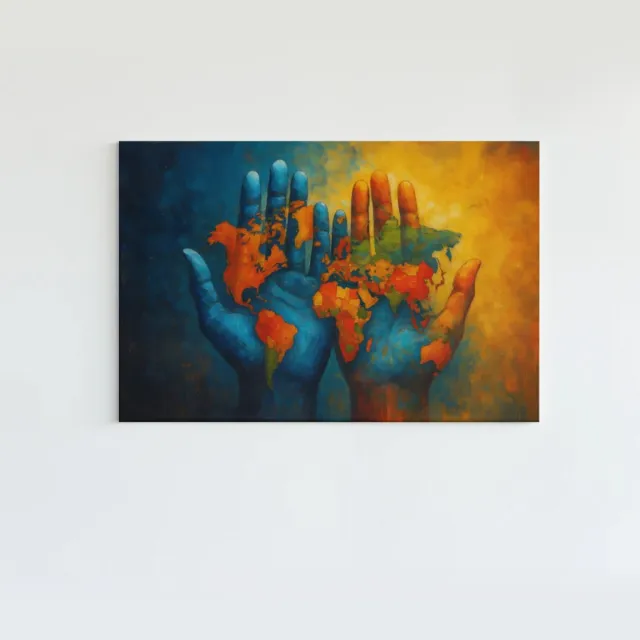 Trendex Global Canvas Schilderij - Wereldkaart op Handen - 90x60x2 cm Blauw
