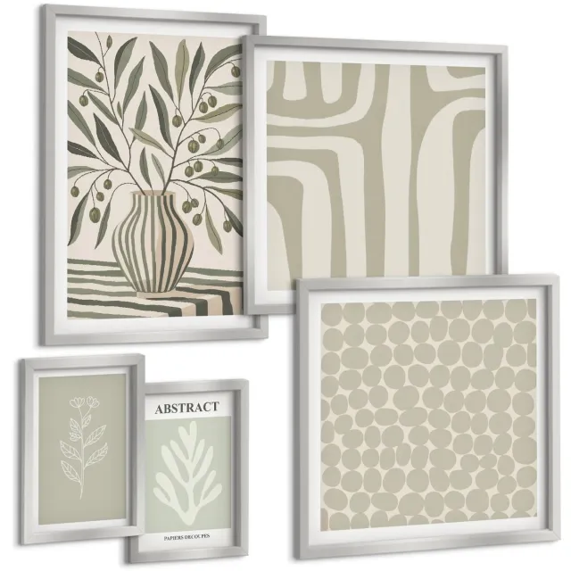 Coloray 5-Delige Schilderij Set - Strandgolven Gras Hoed Zand Ontspanning Natuur - 20 x 30 cm - Stijlvolle Muurdecoratie - Slaapkamer - Moderne Wanddecoratie Zilveren lijst