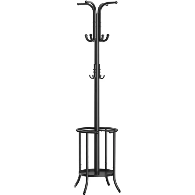 GOTAGEE Vrijstaande kapstok 40 x 40 x 175 cm zwart met parapluhouder en 12 haken van metaal stabiel en duurzaam verstelbare poten beschermen kleding antislip bolvormige haken geschikt voor hal gang woonkamer slaapkamer opbergen en organiseren