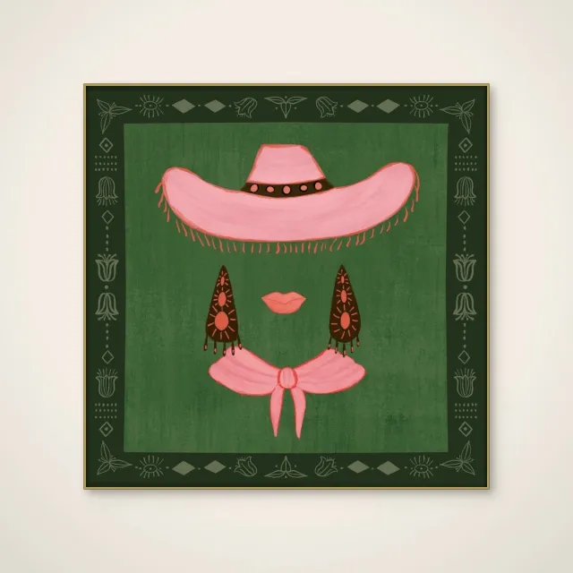 HelloWalls Akoestisch schilderij - 80 x 80 cm - Pink Cowgirl Chic van Aliya Putrus - Abstracte wanddecoratie - goud textielframe Meerkleurig