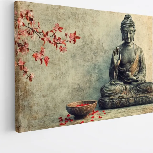 Saammp Canvas Schilderij - Boeddha met herfst bladeren - 70x50 - Foto op canvas - Wanddecoratie - Muurdecoratie Woonkamer - Canvas schilderijen Multicolor