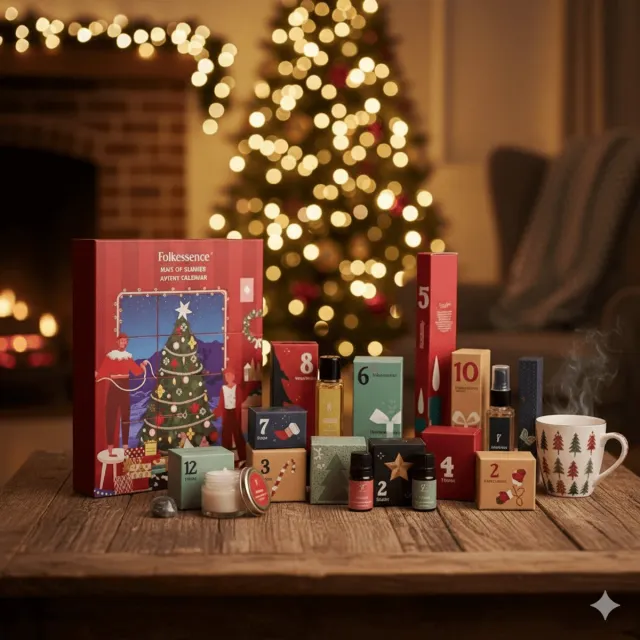 DSB Box of Wishes Adventskalender – 12 Luxe Verassingen – Geurkaars, Etherische Olie, Wierook, Douchegel, Zeep & Meer – Wellness GiftsetB Rood