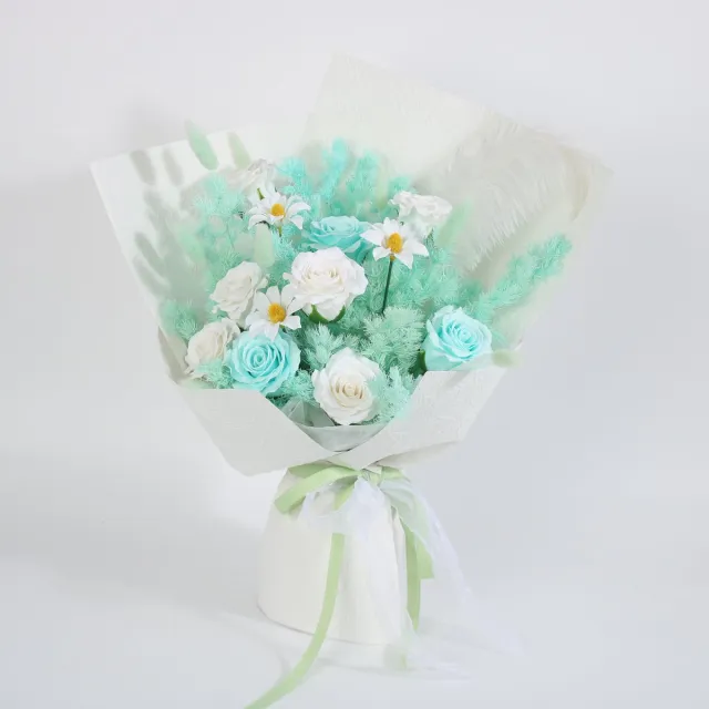 La Roselle Amsterdam Mintgroen & Wit Kunstrozen Boeket met Margrieten en rozen en Pampasgras – winter kunst Bloemen boeket - Feestdagen Wit, mintgroen en crème