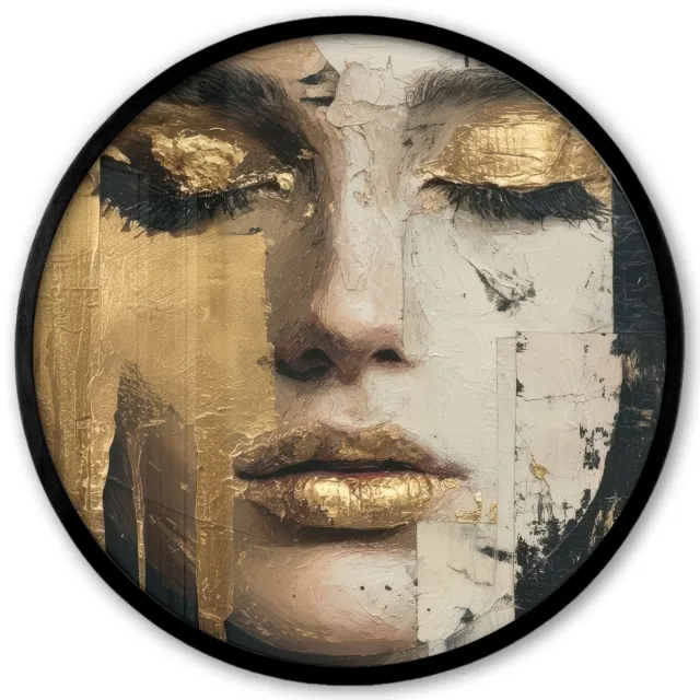 FrameYourWall Poster in lijst Rond - Fotolijst 40x40 cm - Posters - Abstract - Goud - Gezicht - Lippen - Ronde posterlijst zwart - Decoratie - Wanddecoratie woonkamer - Muurdecoratie slaapkamer Abstract - Gezicht - Lippen
