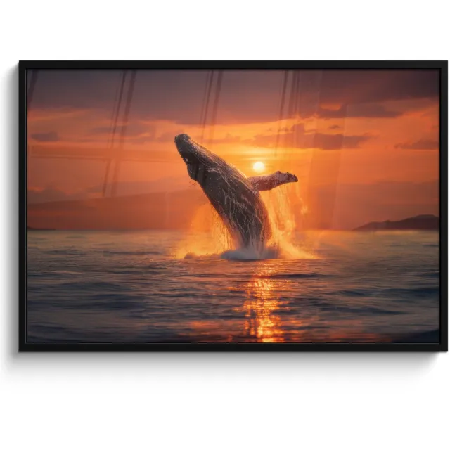 FrameYourWall Poster in lijst - Fotolijst 120x80 cm - Posters - Walvis - Zon - Zee - Posterlijst zwart - Decoratie - Wanddecoratie woonkamer - Muurdecoratie slaapkamer