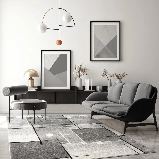 the carpet Pearl Moderne dichte korte pool woonkamer slaapkamer vloerkleed, contour gesneden, grijs,120 x 160 cm grijs met geometrisch lijn- en blokdesign