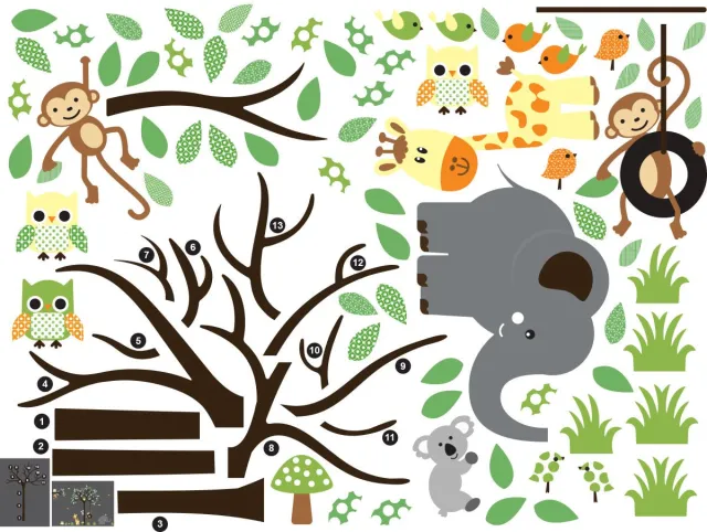 Ambiance Sticker Muurstickers - Stijlvolle dieren in de jungle - Zelfklevende stickers - 80x105cm Multi color