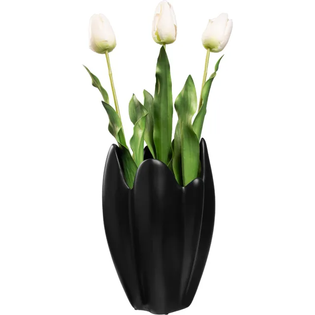QUVIO Vaas geplooid design - Bloemenvaas - Siervaas - Voor droogbloemen - Woondecoratie - Organische vorm - Japandi - Keramiek - Zwart