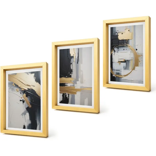 Coloray 4-Delige Schilderij Set - Abstracte schilderijen in zwart-wit - 20 x 30 cm - Decoratieve Muurdecoratie - Slaapkamer - Woonkamer Decoratie Gouden lijst