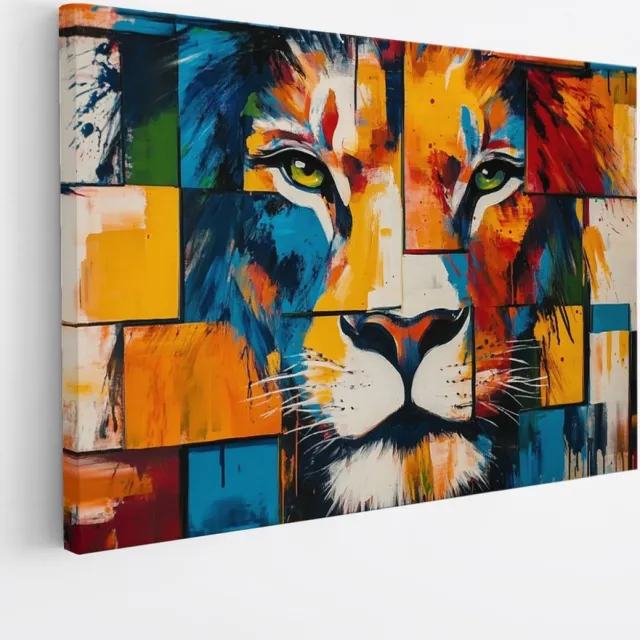 Saammp Canvas Schilderij - Leeuw - Kleurrijk - Dieren - Oranje - 90x60 - Foto op canvas - Wanddecoratie - Muurdecoratie Woonkamer - Slaapkamer decoratie - Canvas Print Multicolor