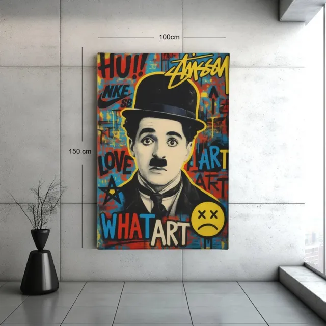 Trendex Global Canvas Schilderij - Graffiti - Charlie Chaplin - Wanddecoratie - 150x100x2 cm Kleurrijk