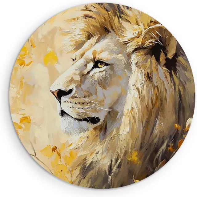 Saammp Forex Muurcirkel - Leeuw tussende gele bladeren - Dieren - Natuur - Ø 50 - Wandcirkel - Wanddecoratie Cirkel - Muurdecoratie Woonkamer - Slaapkamer decoratie - Rond Schilderij