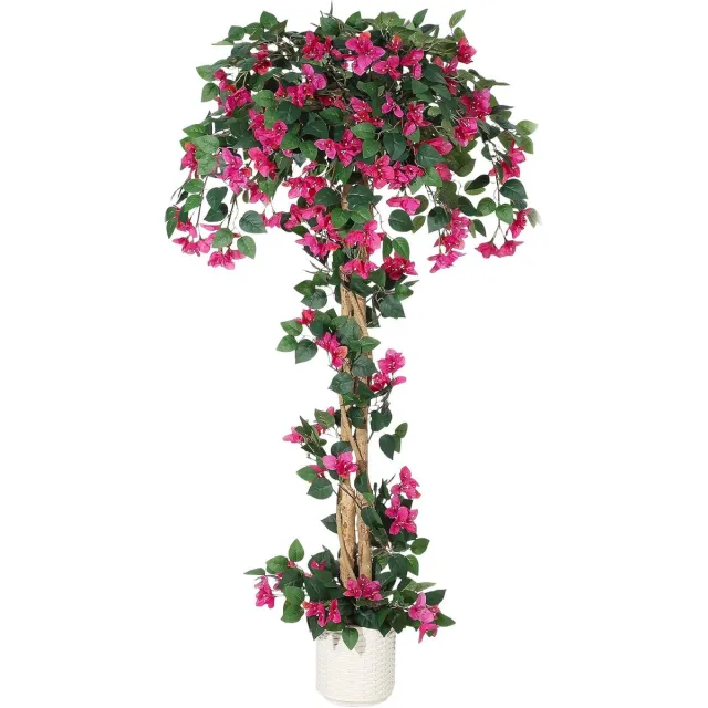 Triumpunpre 150cm Natuurgetrouwe kunst bougainvillea‑boom van zijde, UV‑bestendige roze bloemen, stam van natuurlijk hout in witte plantenpot, onderhoudsvrije grote groenvoorziening voor binnen, tuin, kantoor en bruiloftdecoratie