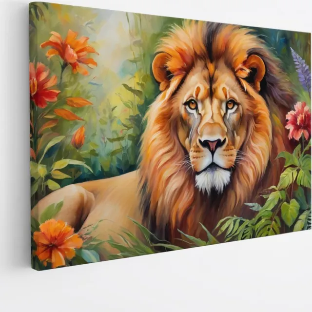 Saammp Canvas Schilderij - Abstracte Leeuw tussen de bloemen - Natuur - Dieren - 70x50 - Foto op canvas - Wanddecoratie - Muurdecoratie Woonkamer - Slaapkamer decoratie - Canvas Print Multicolor