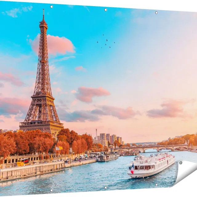 Gards Tuinposter Eiffeltoren in Parijs aan het Water - 160x120 cm - Tuindoek - Tuindecoratie - Wanddecoratie buiten - Tuinschilderij Multikleur