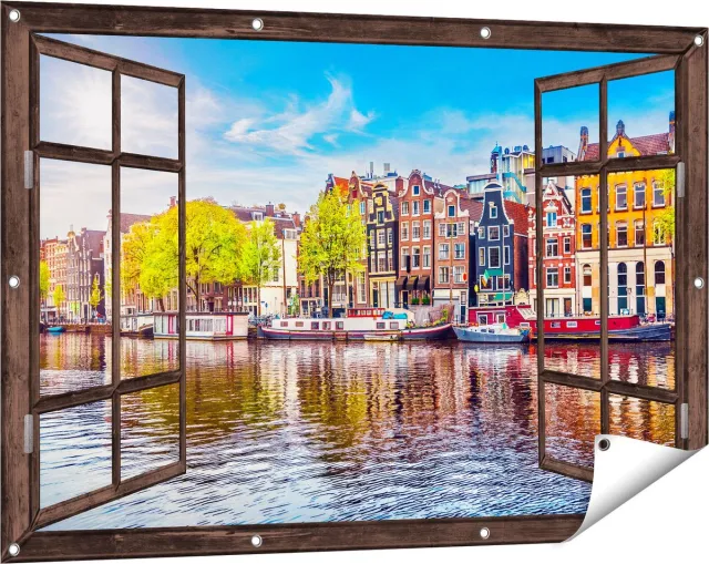 Gards Tuinposter Doorkijk Amsterdamse Huisjes aan het Water - 120x80 cm - Tuindoek - Tuindecoratie - Wanddecoratie buiten - Tuinschilderij Donker bruin