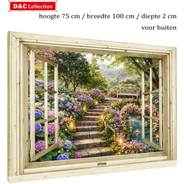 D&C Collection Doorkijk poster bloemen opgespannen - 75x100x2 cm - tuinposter doorkijk hortensia's - bloemenposter - nostalgisch venster - tuindoek hortensia's langs pad - romantische poster - rozen - hart multi