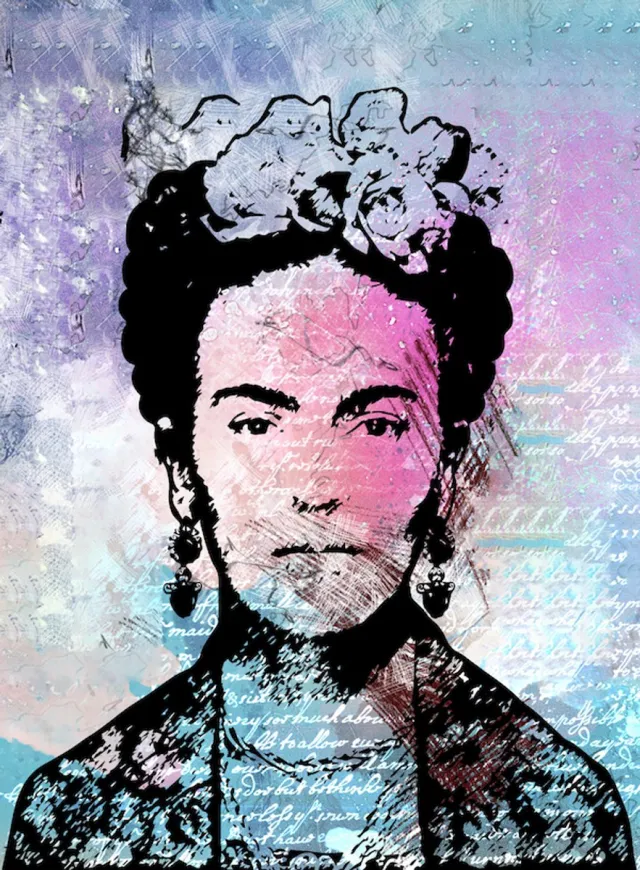 karo-art Poster - Frida Kahlo, roze/blauw/zwart, Mexicaanse surrealistische kunstschilderes Multikleur