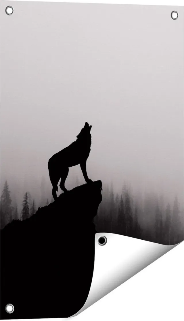 Gards Tuinposter Silhouet van een Huilende Wolf - Abstract - 40x60 cm - Tuindoek - Tuindecoratie - Wanddecoratie buiten - Tuinschilderij Multikleur