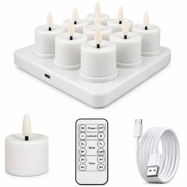 SWGOTA led kaarsen, set van 9 witte gladde theelichtjes met warm licht, Type-C-oplaadbaar, 3×3-basis, afstandsbediening en laadkabel