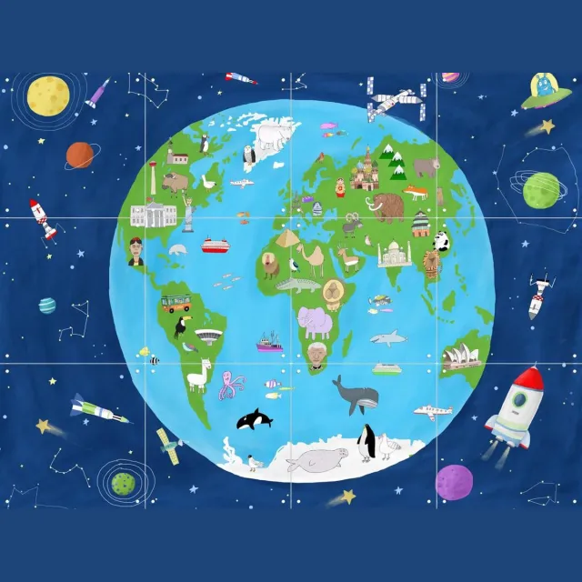 IXXI Illustrated Map of the World from Space, Carla Daly - 80 x 60 cm - Grote wanddecoratie en posters - Cartoonesk, Kleurrijk, Speels, Illustraties Blauw / Groen