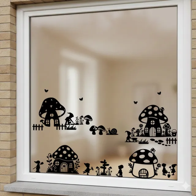 Lievf Raamstickers Herfst – Kabouterdorp met paddenstoelen, kabouters en herfstdecoratie – Herbruikbare raamdecoratie zwart