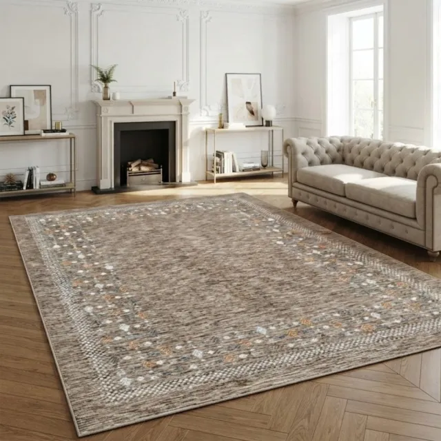 TapisTrend Oosters tapijt Beige 80x150 cm Vintage donkerbeige vloerkleed met etnische rand en plantmotieven voor woonkamer en slaapkamer